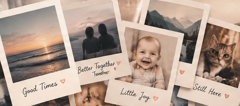 Brand concept imagery: warm photo memories of friends, a baby, a cat, and a sunset